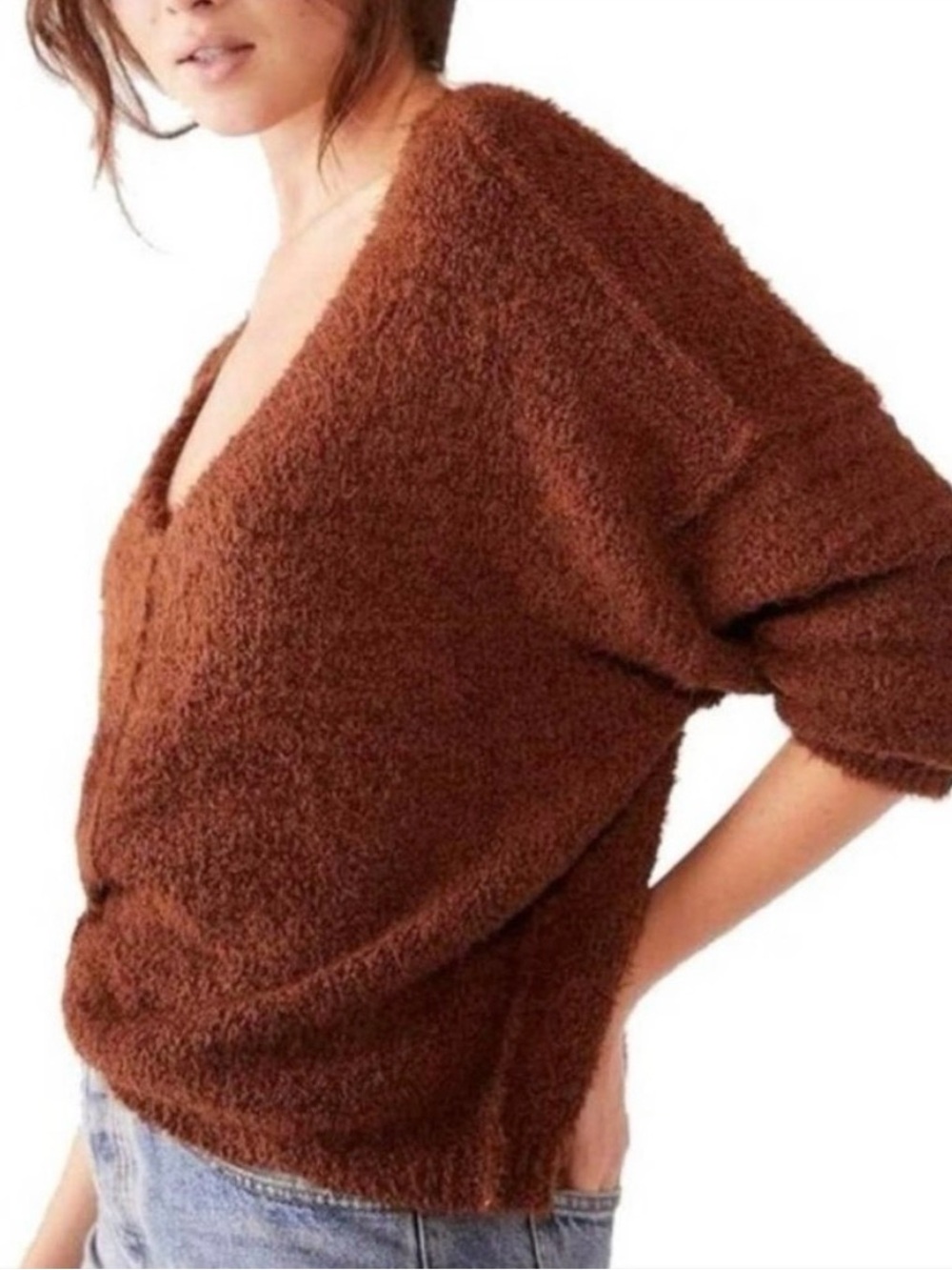 Free People Women's Icing V-Neck Pullover Sweater in Mocha Java Small